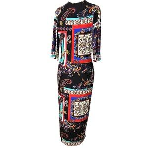 Alice + Olivia Delora Paisley Bodycon Dress Size 10. Colorful Midi Stretch